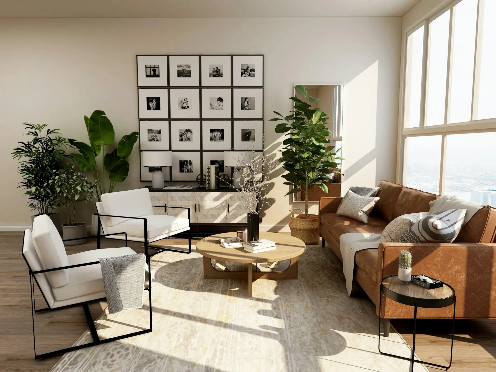 Warm, light-filled living room with natural wood furnishings.